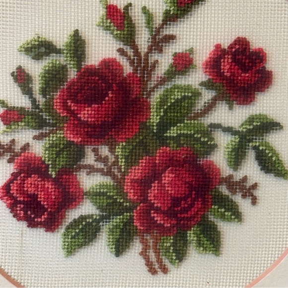 Vintage Floral Red Rose Petit-Point Embroidery Art in Ornate Cream Frame - Picture 2 of 5